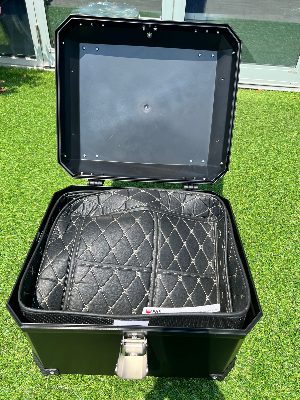 Tail Storage Box - 57L Black Motorcycle & Scooter Trunk, PHX Gen2, Quick Release, Dual Backrest, Corner Reflectors