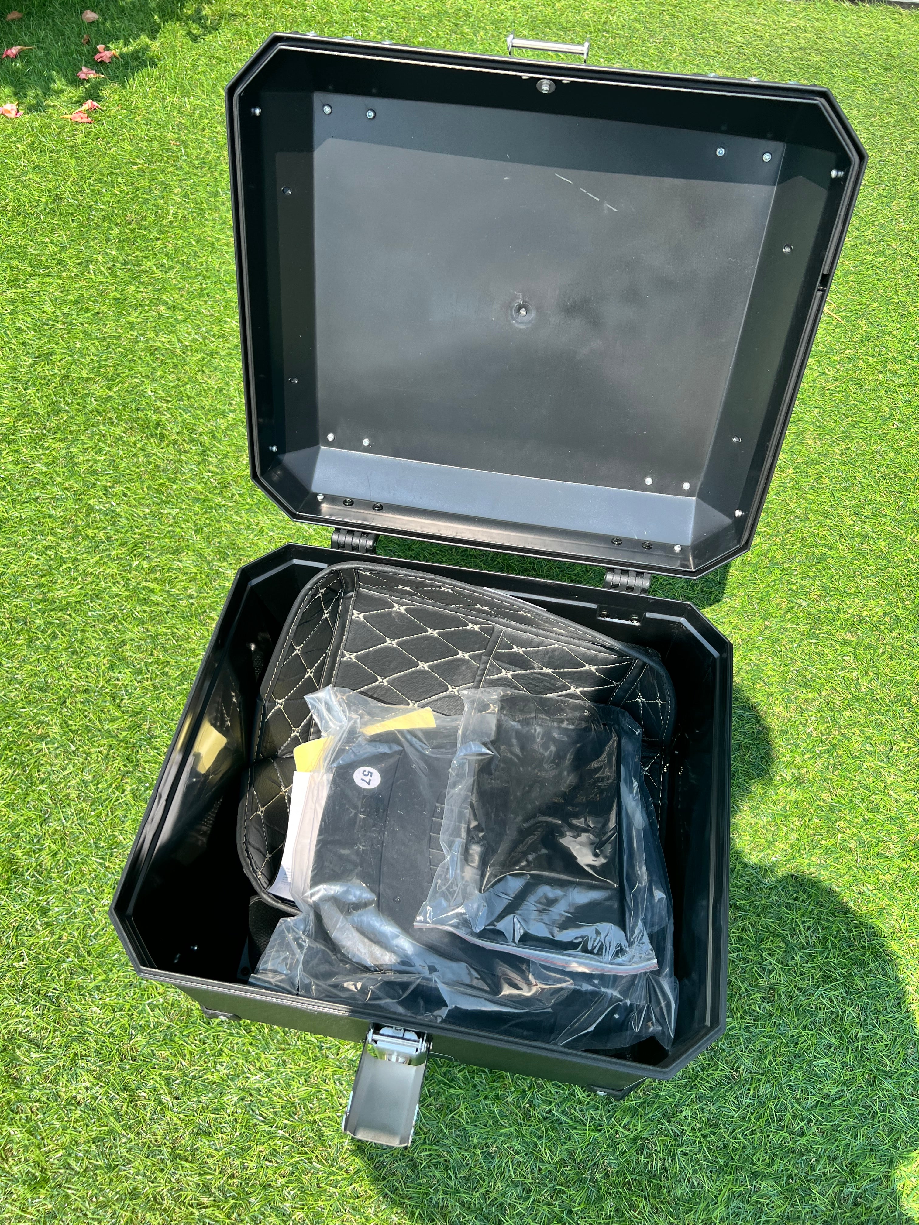 Tail Storage Box - 57L Carbon Motorcycle & Scooter Trunk, PHX Gen2, Quick Release, Dual Backrest, Corner Reflectors