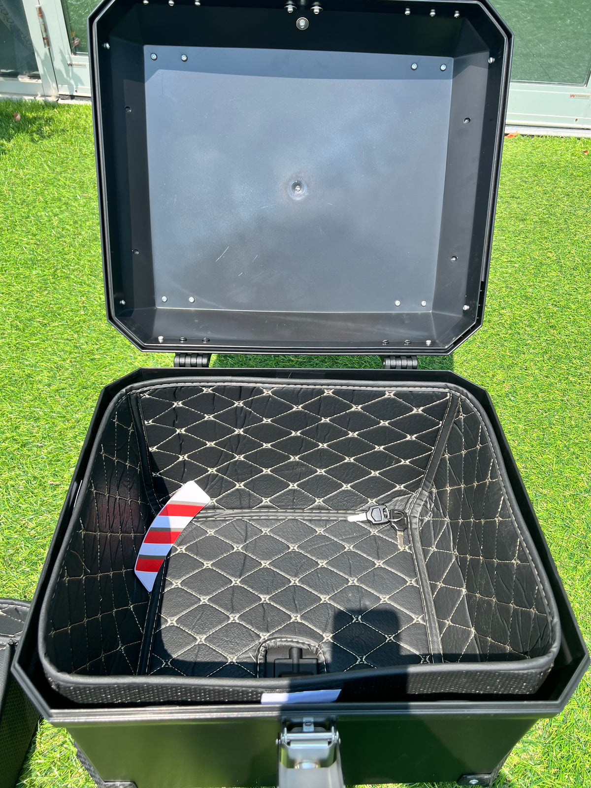 Tail Storage Box - 57L Black Motorcycle & Scooter Trunk, PHX Gen2, Quick Release, Dual Backrest, Corner Reflectors