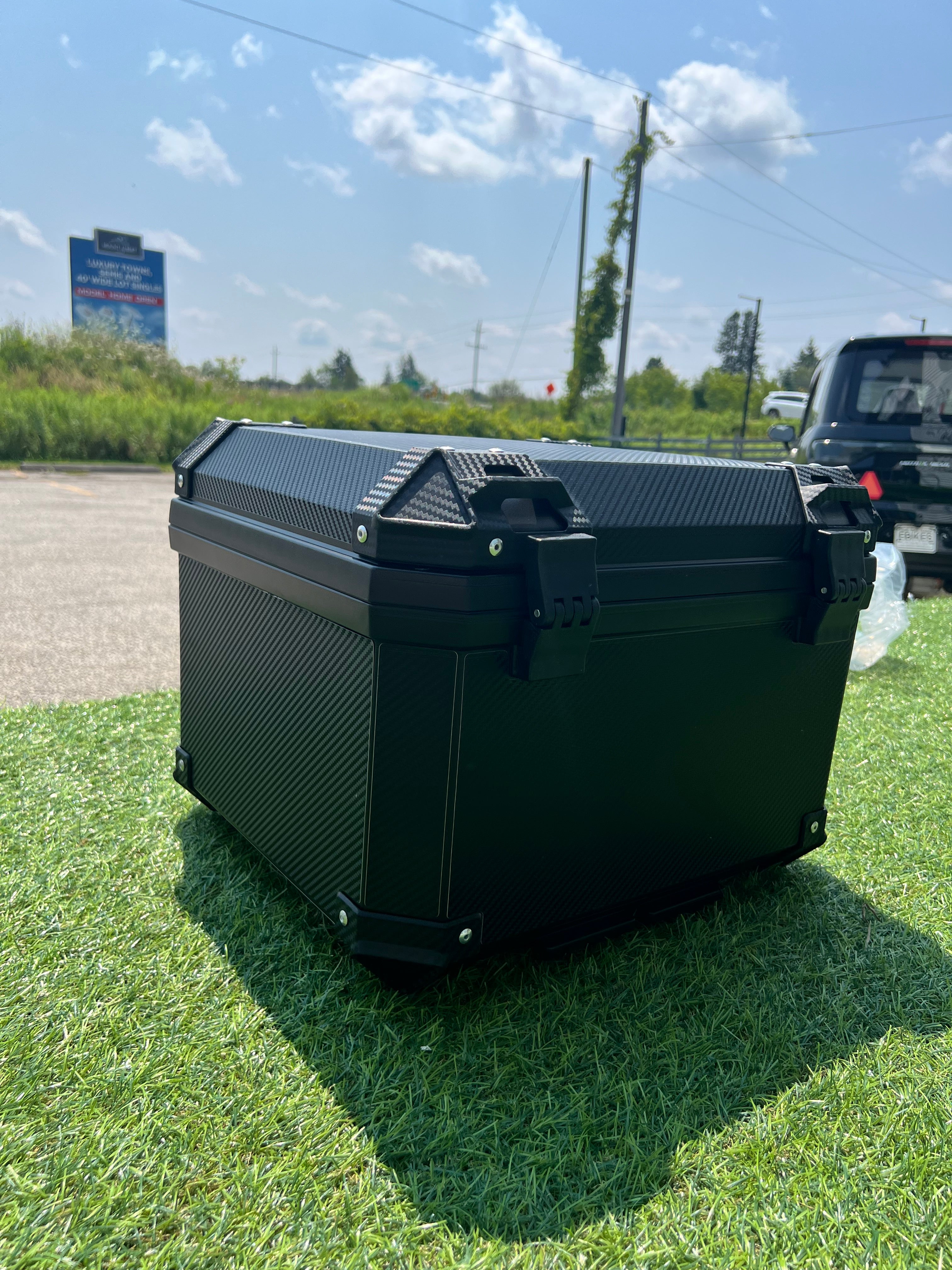 Tail Storage Box - 57L Carbon Motorcycle & Scooter Trunk, PHX Gen2, Quick Release, Dual Backrest, Corner Reflectors