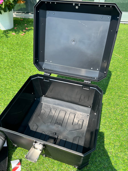 Tail Storage Box - 57L Carbon Motorcycle & Scooter Trunk, PHX Gen2, Quick Release, Dual Backrest, Corner Reflectors