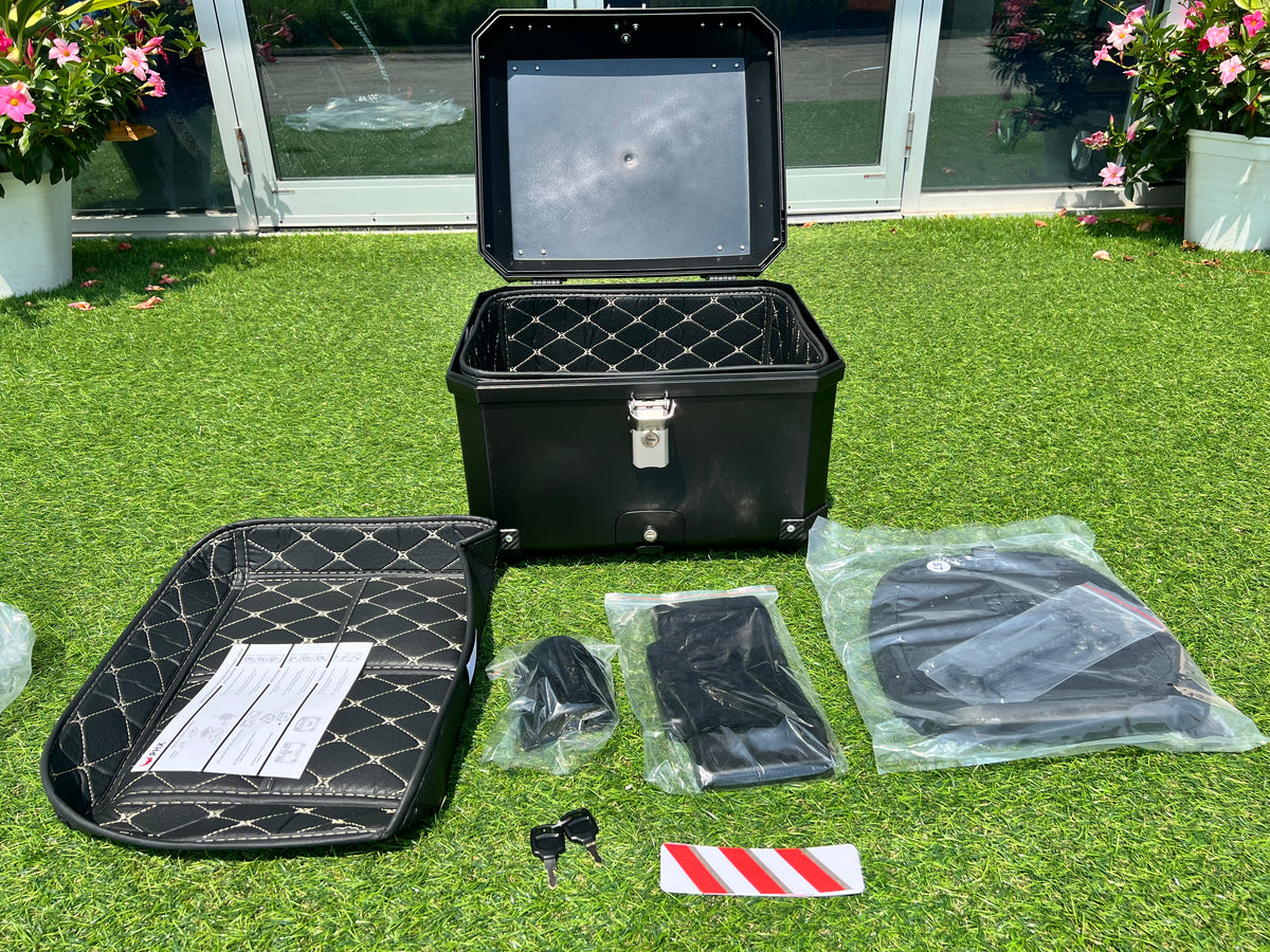 Tail Storage Box - 57L Black Motorcycle & Scooter Trunk, PHX Gen2, Quick Release, Dual Backrest, Corner Reflectors