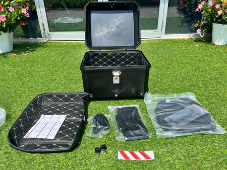 Tail Storage Box - 57L Black Motorcycle & Scooter Trunk, PHX Gen2, Quick Release, Dual Backrest, Corner Reflectors