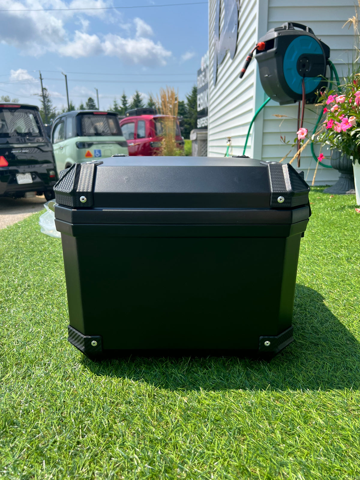 Tail Storage Box - 57L Black Motorcycle & Scooter Trunk, PHX Gen2, Quick Release, Dual Backrest, Corner Reflectors