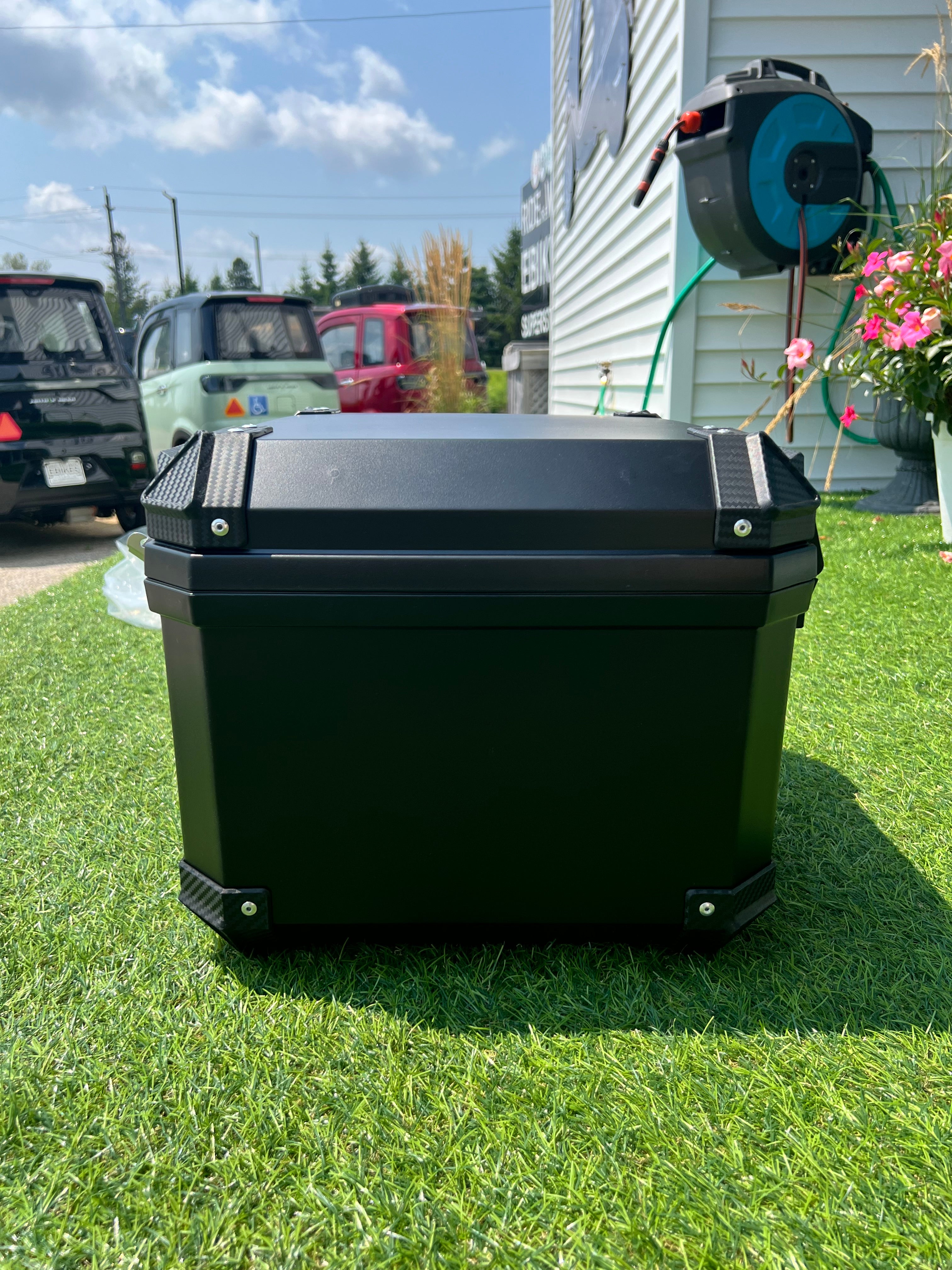 Tail Storage Box - 57L Black Motorcycle & Scooter Trunk, PHX Gen2, Quick Release, Dual Backrest, Corner Reflectors