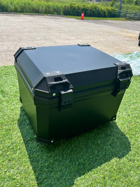 Tail Storage Box - 57L Black Motorcycle & Scooter Trunk, PHX Gen2, Quick Release, Dual Backrest, Corner Reflectors