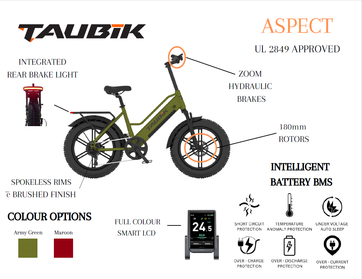 2024 Taubik ASPECT Ebike Electric Bicycle Style 20" Fat Tires UL 2849 SALE!!!