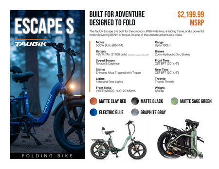 2026 Taubik Escape S Ebike Electric Bicycle Foldable Style 20" Fat Tires UL 2849