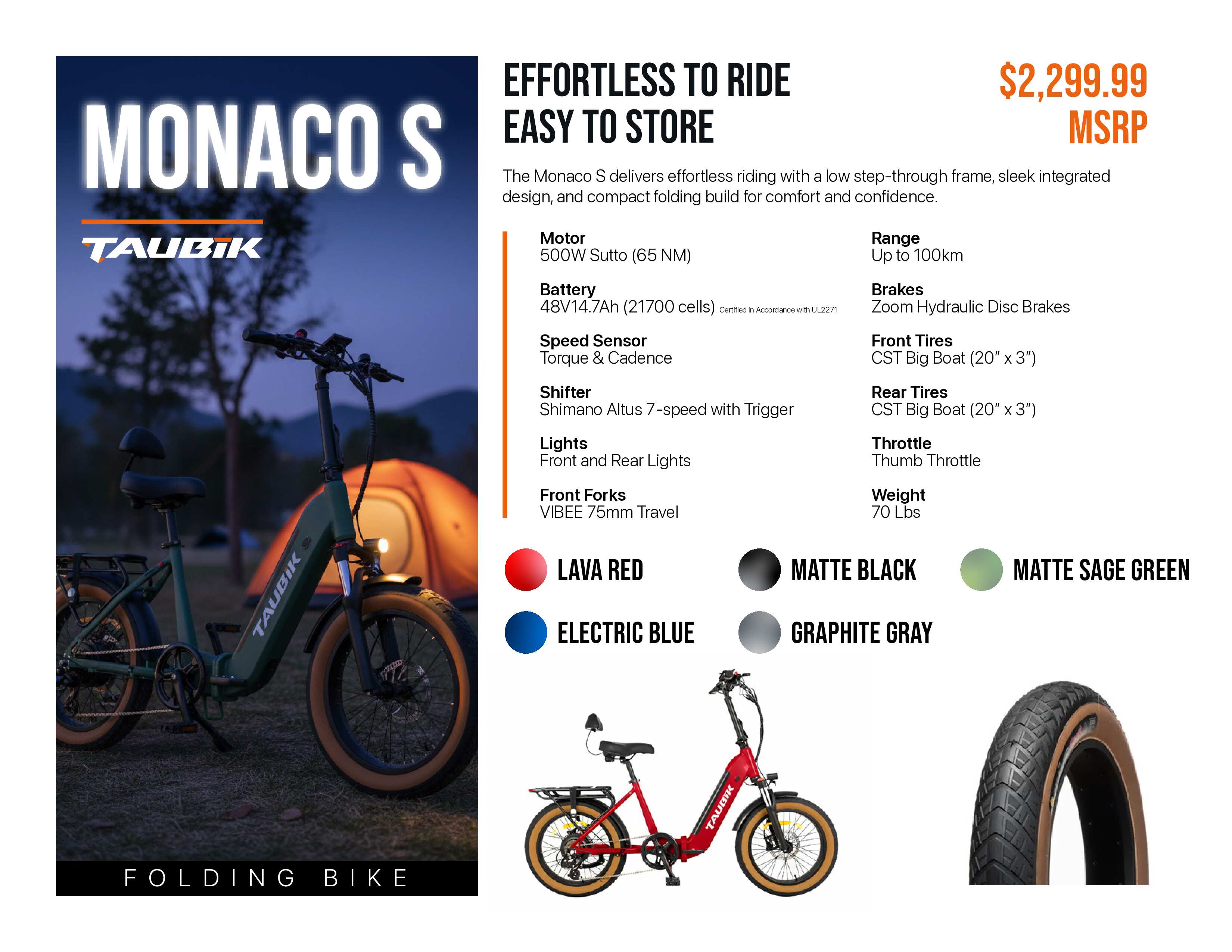 2026 Taubik Monaco S Ebike Electric Bicycle Foldable Style 20" x 3" Tires UL 2849