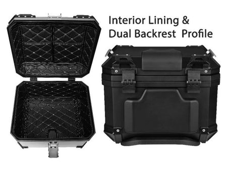 Tail Storage Box - 57L Black Motorcycle & Scooter Trunk, PHX Gen2, Quick Release, Dual Backrest, Corner Reflectors