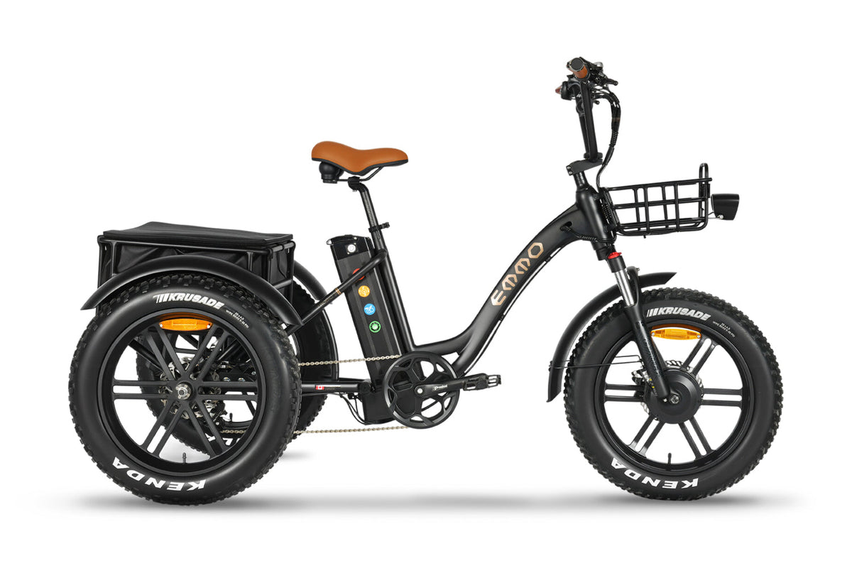 Black electric tricycle with a basket on a white background